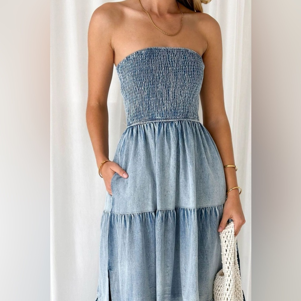 RISEN Smocked Tube Slit Tiered Elegant Blue Jean Strapless Midi Dress - Picture 8 of 8